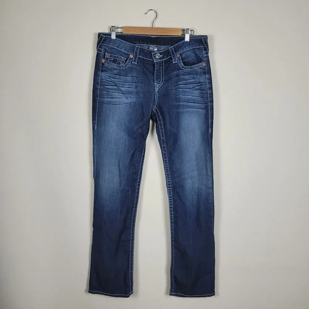 True Religion Jeans 33 Blue Denim Natural Big T Bobby Y2K Thick Stitch Straight‎